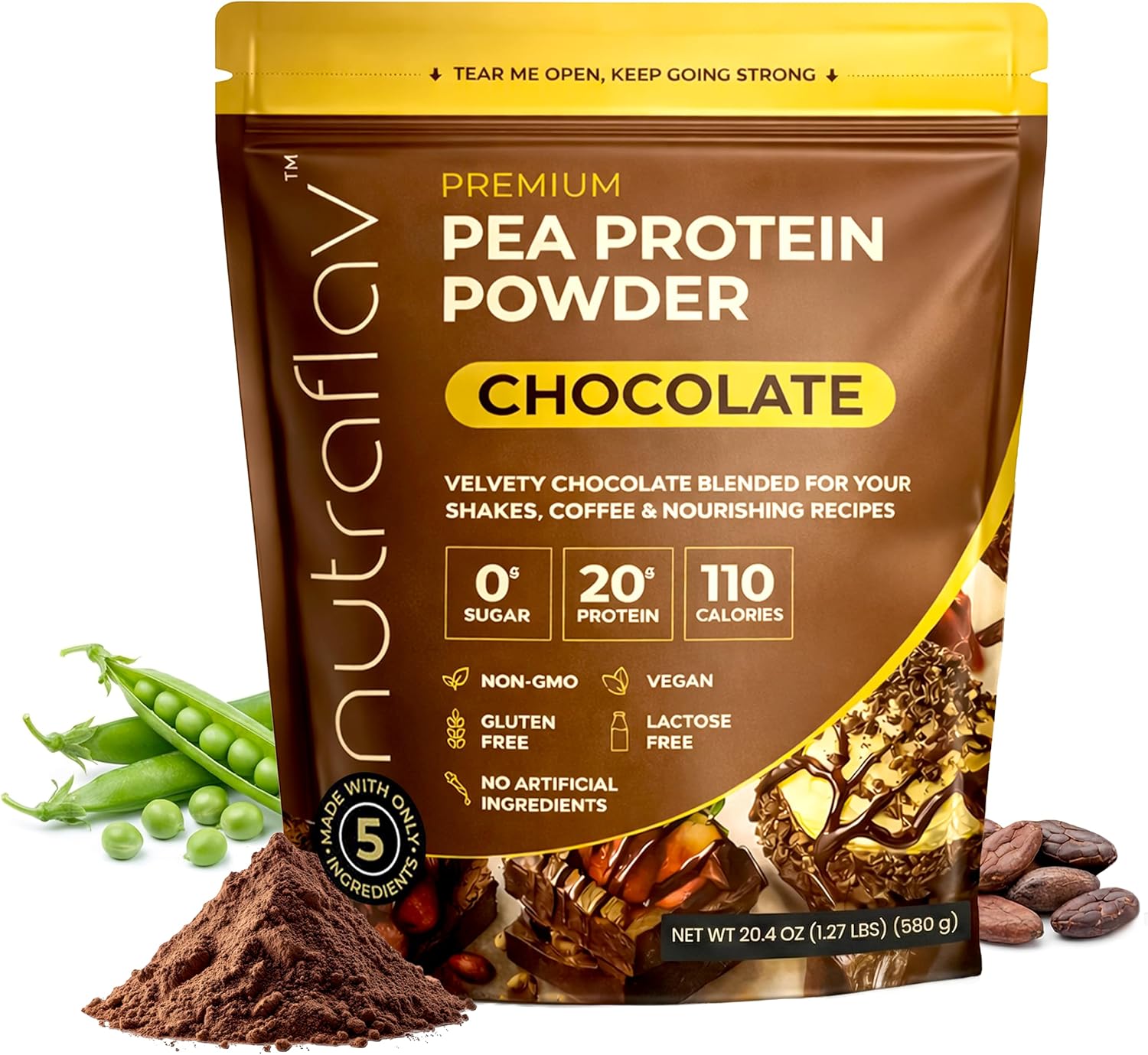Vegan Chocolate Protein Powder - Plant Based Pea Protein Powder - 20g Protein Per Serving with 5 Ingredients - Iron-Rich, Easy to Digest - No Added Sugar - Great for Shakes & Smoothies - 20 Servings