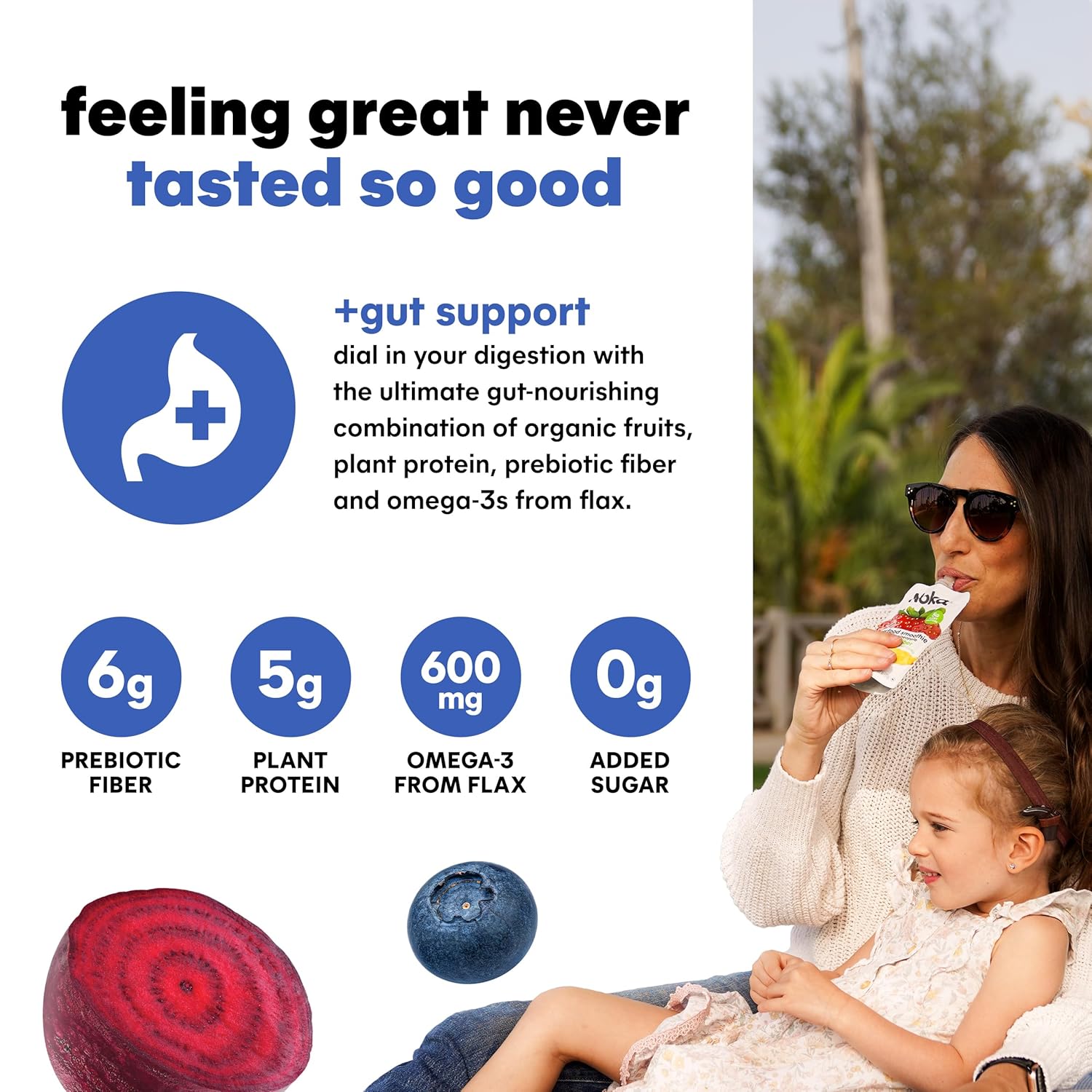 Noka Superfood Smoothie Pouches (Blueberry Beet) 4 Pack, with Plant Protein, Prebiotic Fiber & Flax Seed, Organic, Gluten Free, Vegan, Healthy Fruit Squeeze Snack Pack, 4.22oz Each - Image 4