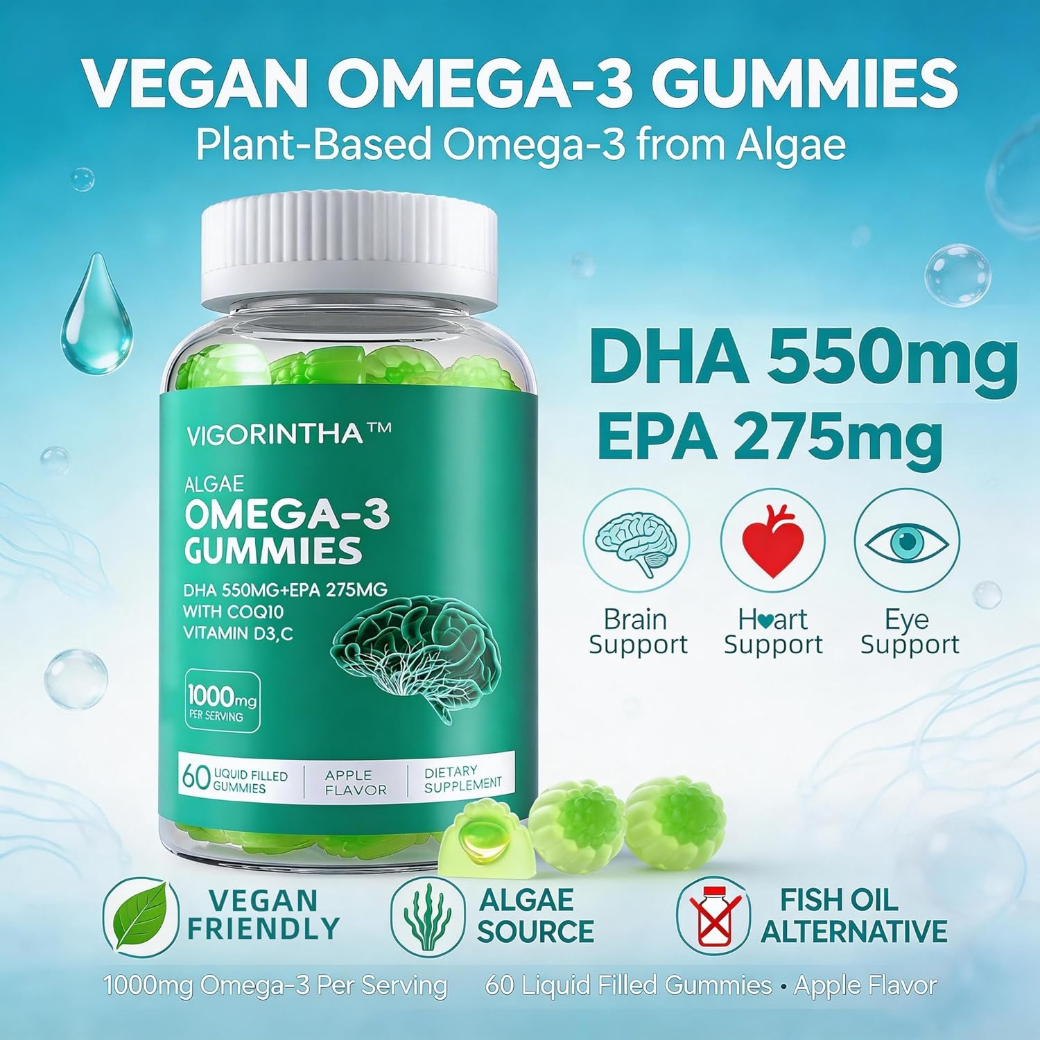 Vegan Omega-3 Algae Oil Supplement with DHA 300mg & EPA 150mg, Plant-Based Omega-3 with Vitamin D3 & K2, Fish-Free Algal Oil Softgels for Men & Women, 2 Pack, 120 Softgels, 60 Day Supply - Image 3