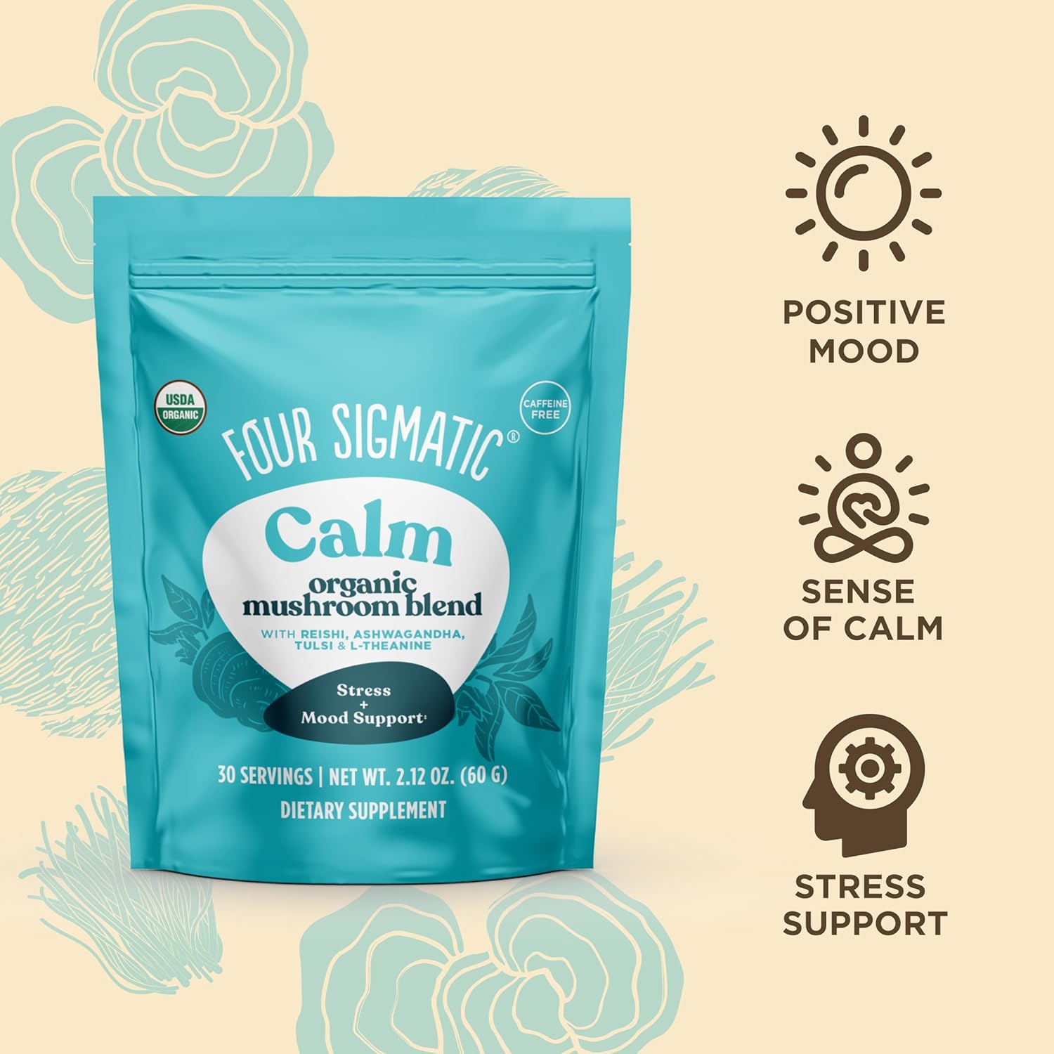 Four Sigmatic Calm Mushroom Blend | Adaptogen Supplement with Ashwagandha, Reishi, Tulsi, Cordyceps, Chaga, Rose Hips, and More | Natural Stress Relief and Immune Support Supplement | 30 Servings - Image 3