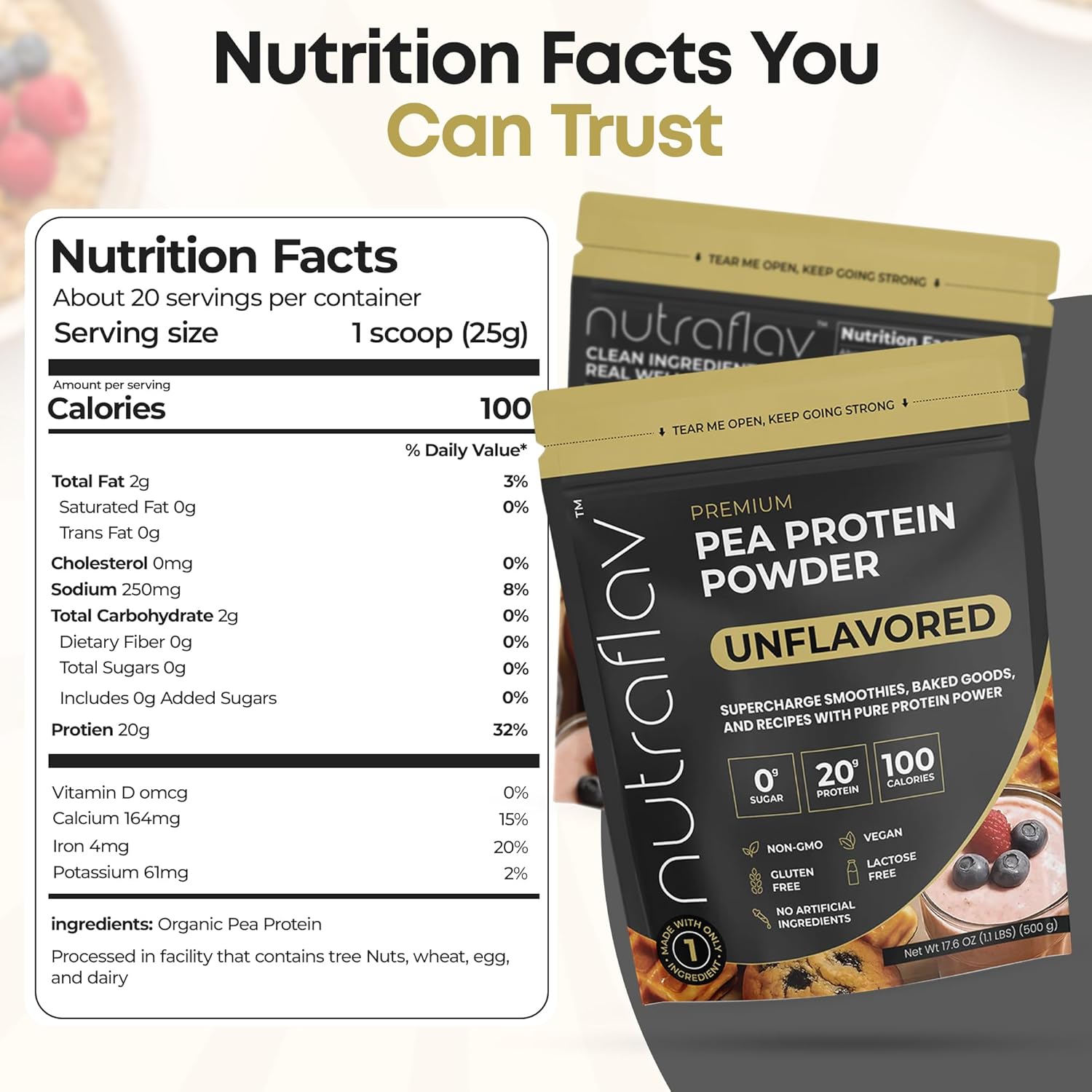 Unflavored Vegan Protein Powder - Plant Based Pea Protein Powder - 20g Protein Per Serving with 1 Ingredient - Iron-Rich, Easy to Digest - No Added Sugar - Great for Shakes & Smoothies - 20 Servings - Image 2