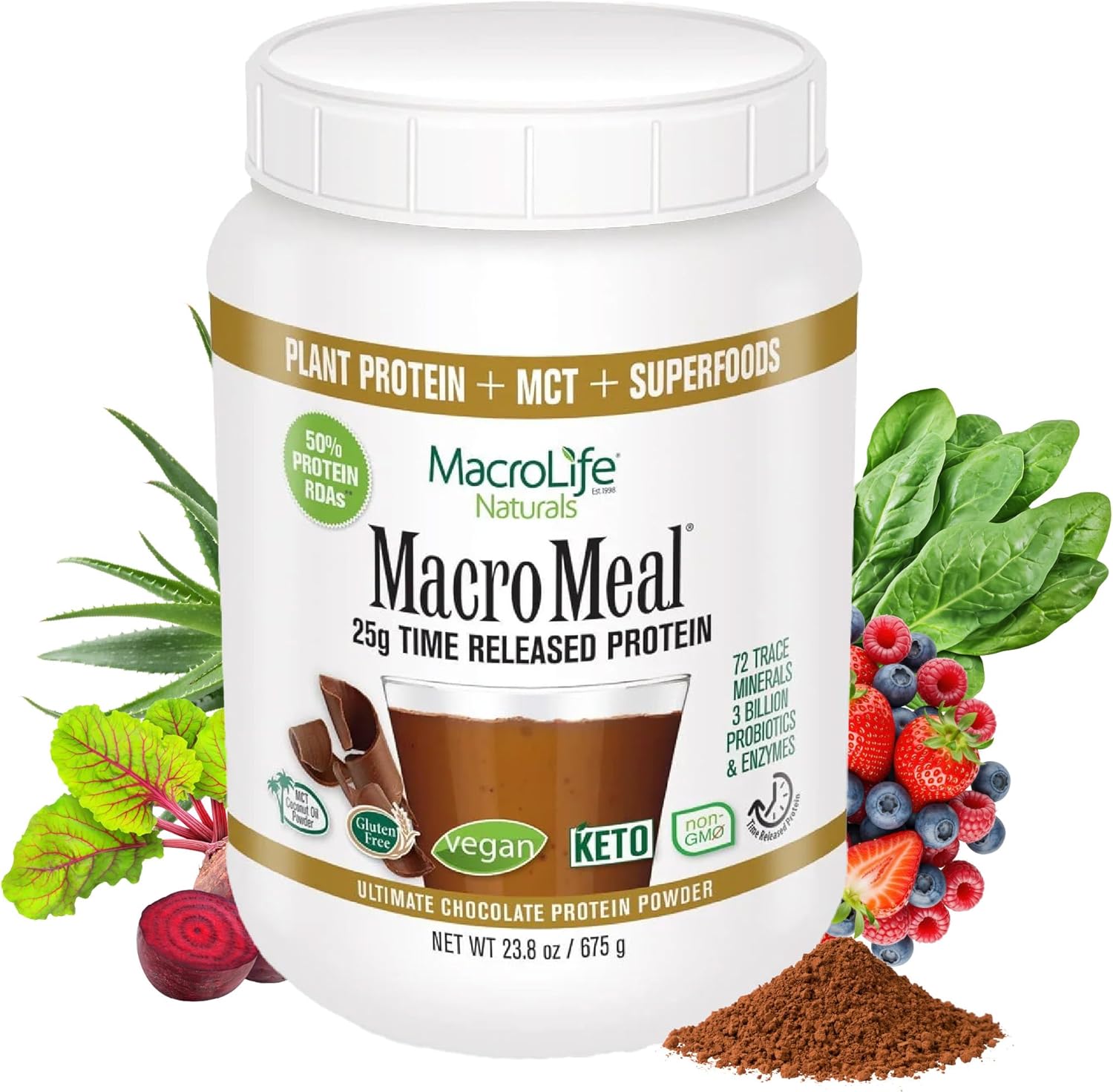 MacroLife Naturals MacroMeal Chocolate Vegan Protein Powder 25g + Superfood Greens 3 Billion Probiotics & Fiber for Lasting Energy - Plant Based Shake & Smoothie Mix Non-GMO, Gluten-Free - 15 Servings