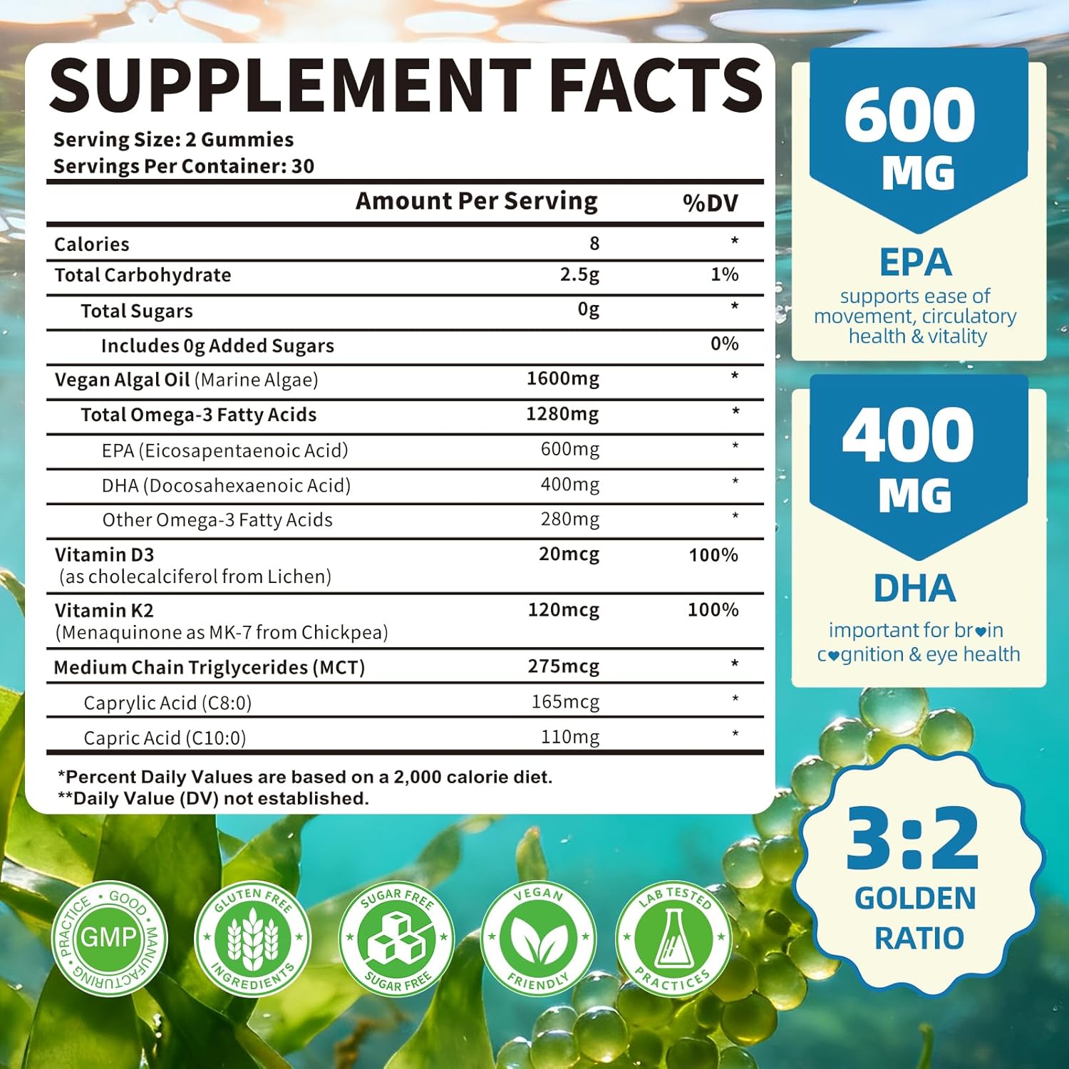 Vegan Omega-3 Gummies 1600mg EPA & DHA from Algal Oil, Fish Oil Alternative for Adults & Kids, Omega 3 Supplement with Vitamin D3 K2 for Brain, Eye & Immune Health Sugar Free Pineapple, 60 Count - Image 2