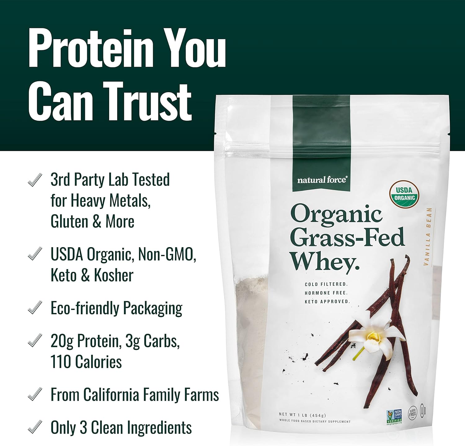 Natural Force Grass Fed Organic Whey Protein Powder – Non GMO Verified, Humane Certified & Lab Tested for Toxins – Real Vanilla Flavor – Keto Friendly, Low Carb, and Kosher - 16 Ounce A2 Protein - Image 3