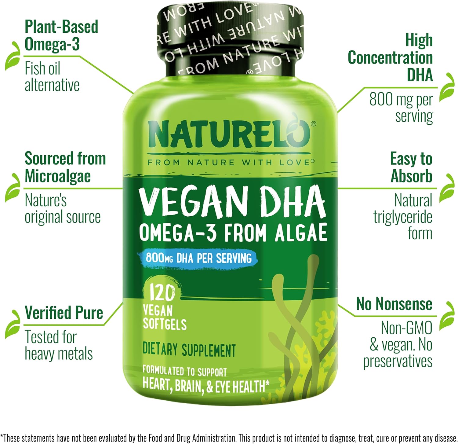 NATURELO Vegan DHA, Vegan Omega 3 Supplement, 120 Softgels, Supports Brain/Heart/Eye Health, Complements Prenatal Vitamins, Essential Fatty Acids, Omega 3 Supplement for Women & Men - Image 2