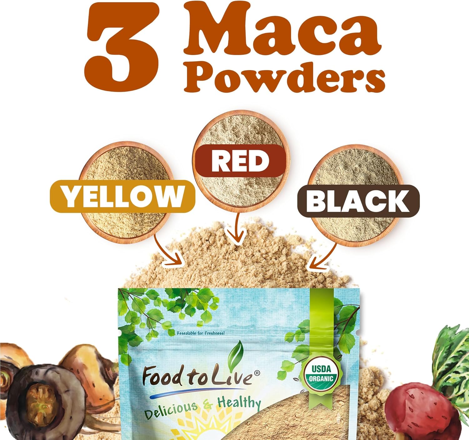 Food to Live Organic Tri-Color Maca Powder Blend, 8 Ounces Red, Yellow and Black Maca for Energy, 100% Natural Superfood, Perfect for Baking and Smoothies, Non-GMO, Vegan, Kosher, Bulk - Image 4