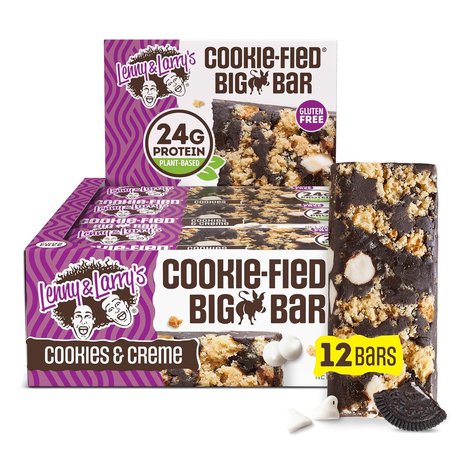 Lenny & Larry's Cookie-fied BIG BAR – Cookies and Creme Vegan Protein Bars 12x90g – Healthy Snacks, 24g Plant Protein & 10g Prebiotic Fiber – Gluten-Free Power Bar & Vegan