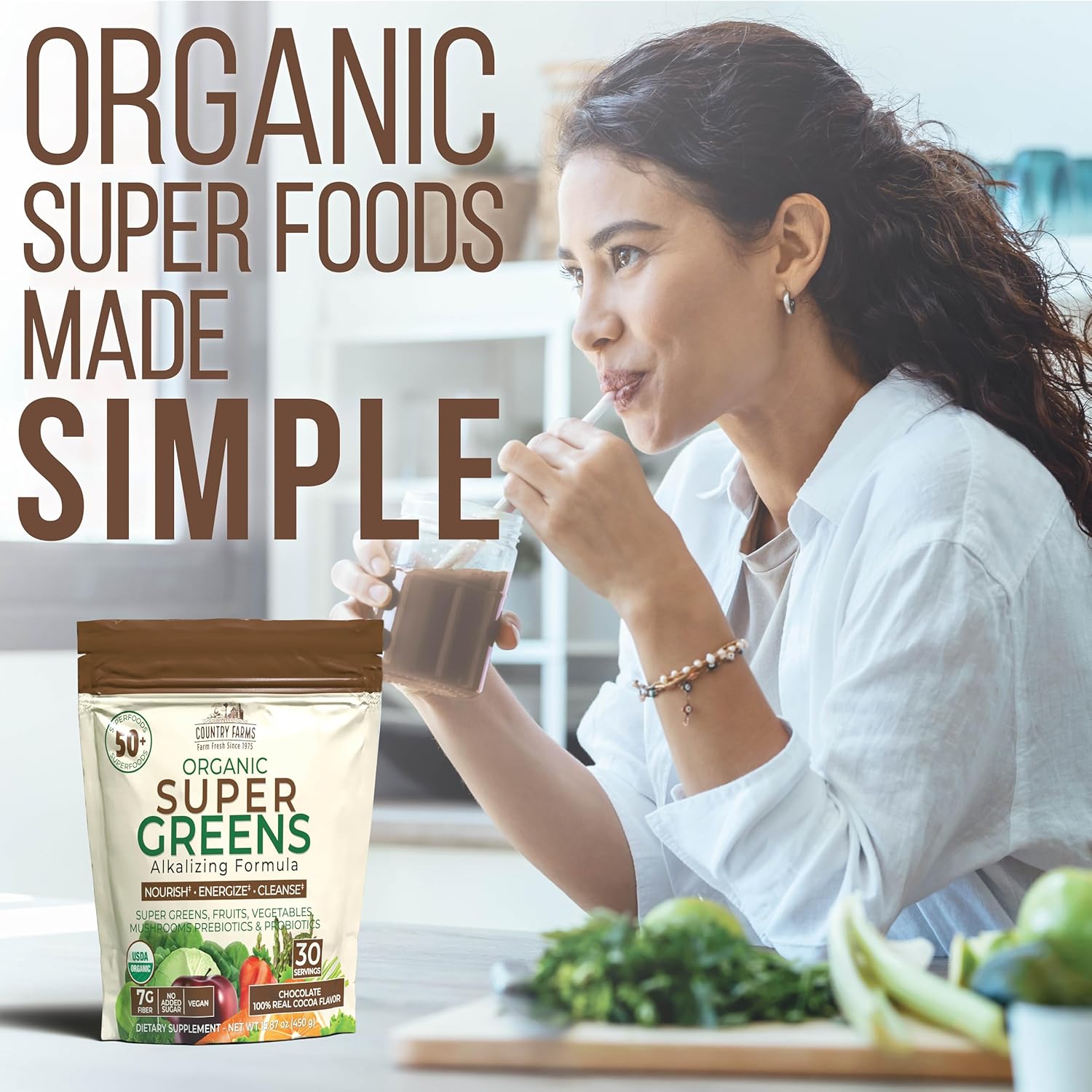 Country Farms Super Greens Chocolate Flavor, 50 Organic Super Foods, USDA Organic Drink Mix (Wheat Grass, Spirulina, Chlorella) Mushrooms & Probiotics, with Fiber, Natural Energy, 30 Servings - Image 4