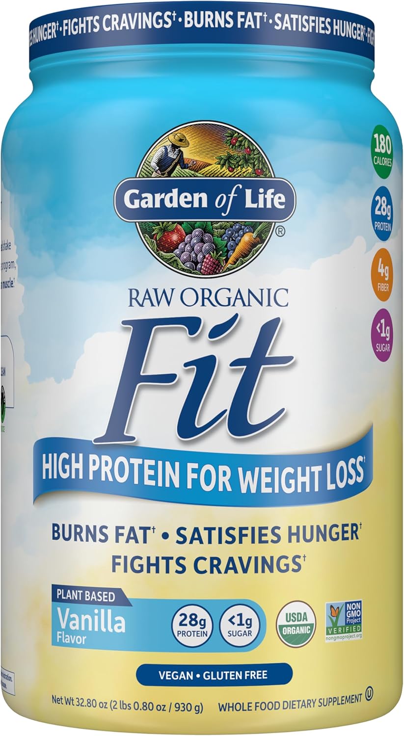 Garden of Life Raw Organic Fit Vanilla Flavor Vegan Protein Powder – 28g Plant Based Powder for Weight Management, Raw Protein, Probiotics & Fiber, Non-GMO, Gluten-Free, Vegan, 20 Servings
