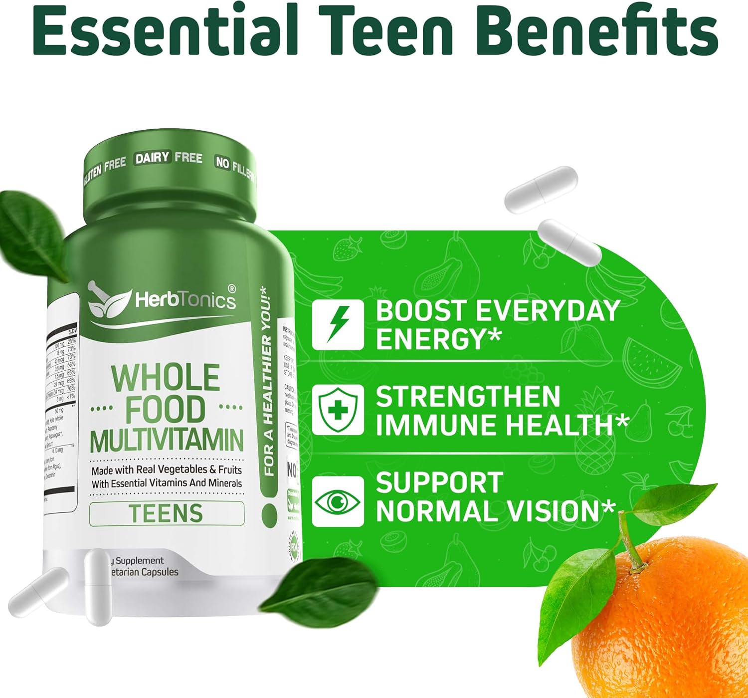 Herbtonics Whole Food Teen Vitamins for Energy, Focus & Immune Support - Multivitamin for Teenage Boys & Girls (12-18) with Real Superfoods - Vegan, Plant Based, Non-GMO - 60 Easy Swallow Capsules - Image 3