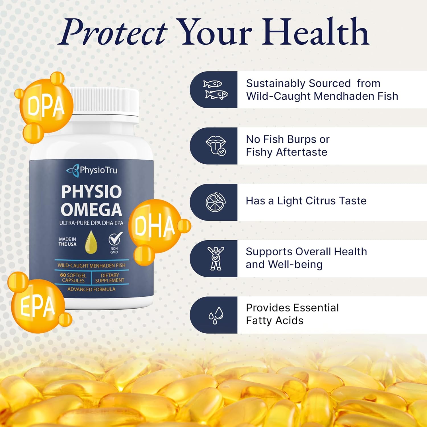 Physio Omega 2400mg Fish Oil with Omega 3 Fatty Acid Supplement - Vascular & Cognitive Supplements for Adults - Non-GMO, Burpless, Light Citrus Flavor, Sustainably Sourced - 1 Pack, 60 Softgels - Image 4