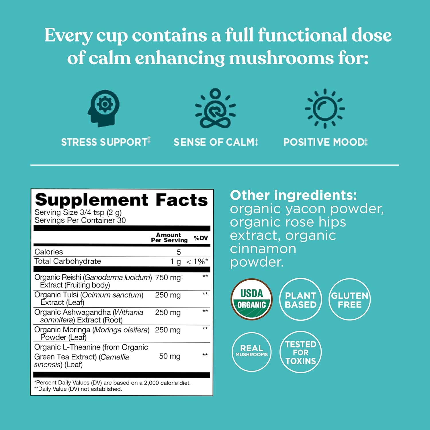 Four Sigmatic Calm Mushroom Blend | Adaptogen Supplement with Ashwagandha, Reishi, Tulsi, Cordyceps, Chaga, Rose Hips, and More | Natural Stress Relief and Immune Support Supplement | 30 Servings - Image 2