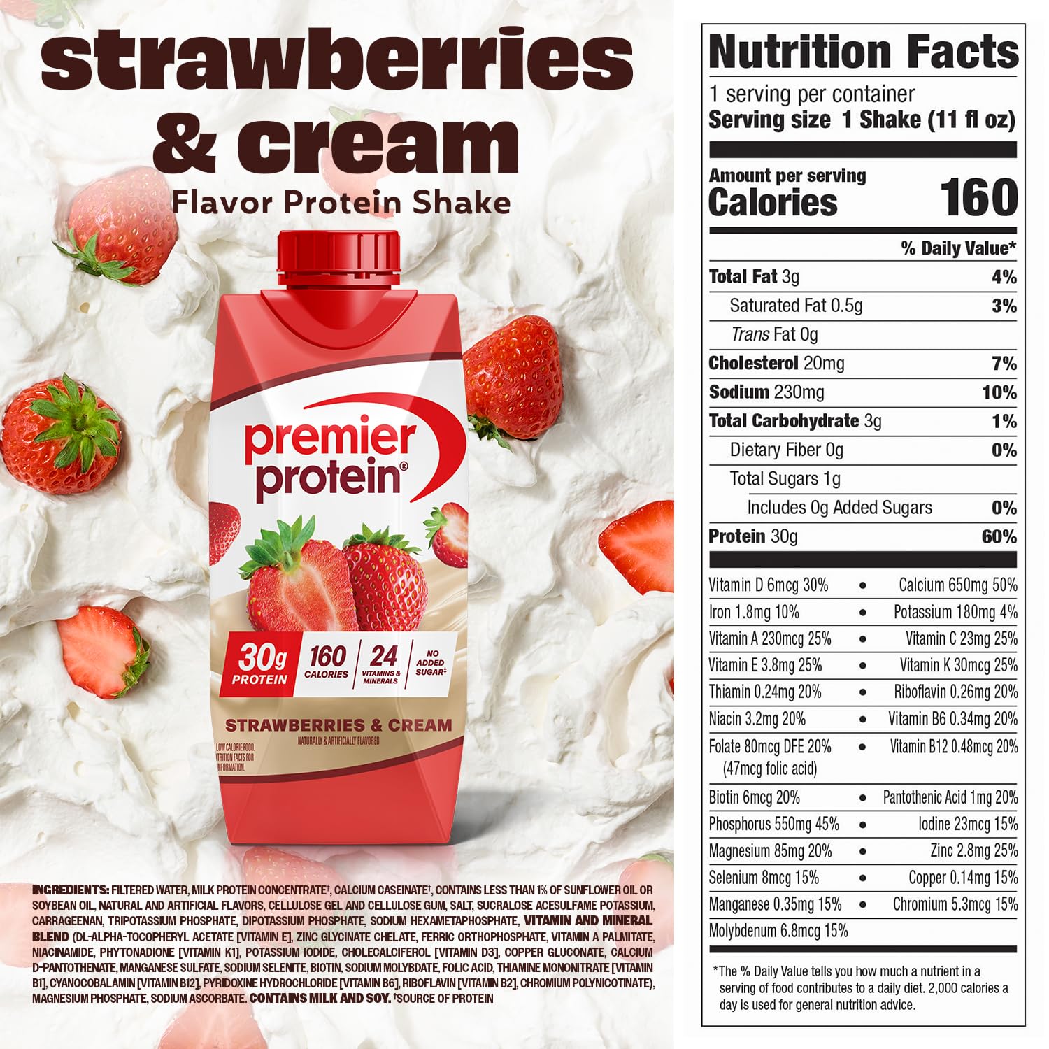 Premier Protein Shake, Strawberries & Cream, 30g Protein, No Added Sugar, 24 Vitamins & Minerals to Support Immune Health, 11 fl oz, 12 Pack - Image 2