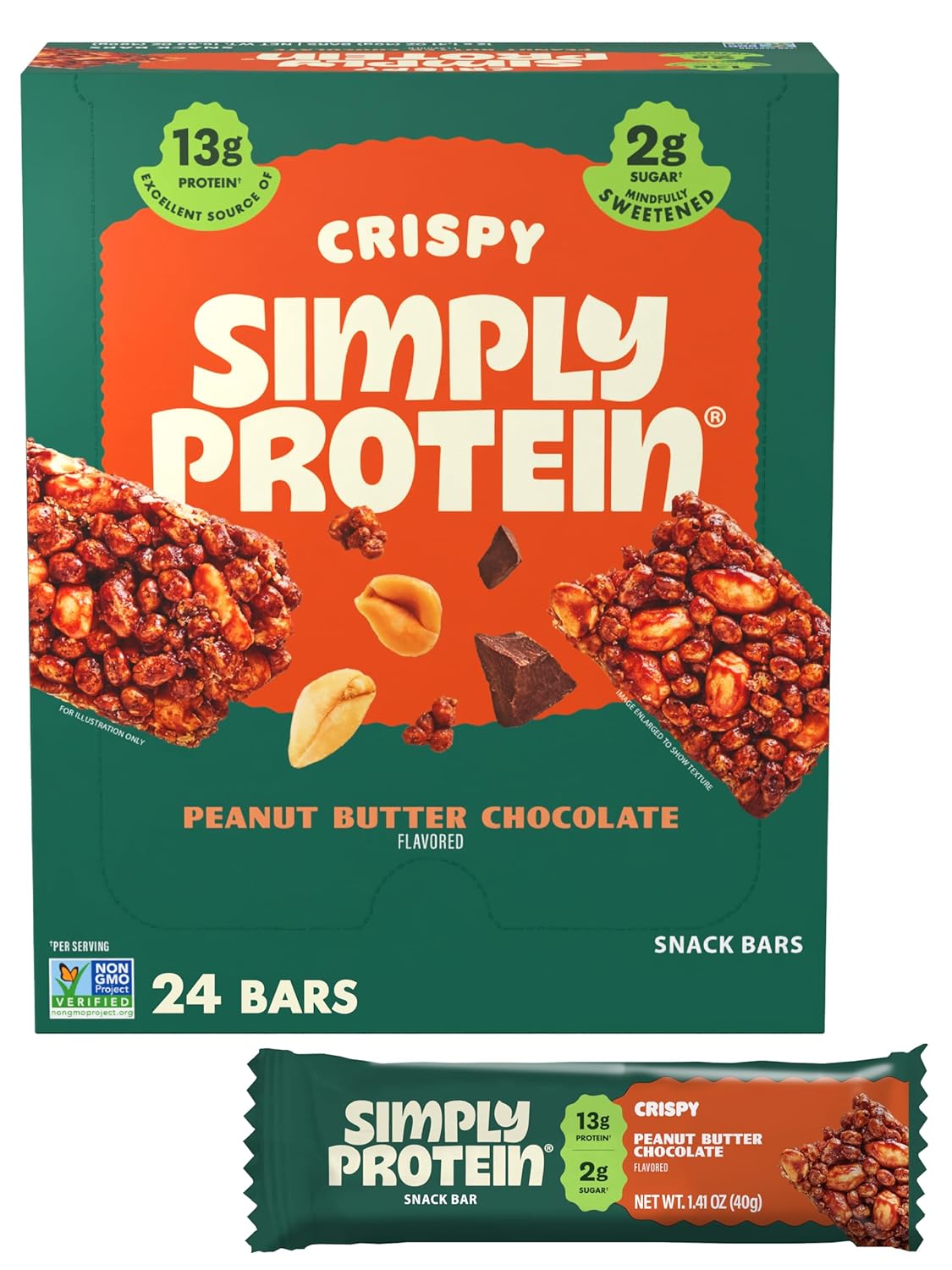 Simply Protein - Peanut Butter Chocolate Crispy Bars - Plant Based Protein Bars - Low Carb, Low Sugar, High Fiber - 13g Protein, 2g Sugar, 7g Fiber - Vegan, Gluten Free, Non GMO, Kosher - 24 Bars