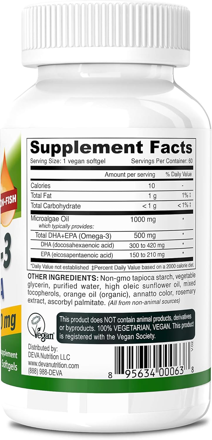 DEVA Vegan Omega-3 DHA-EPA 500MG – No Carrageenan, Non-Fish Oil Derived from Algae, Non-GMO, 60 Gelatin-Free Softgels - Image 2