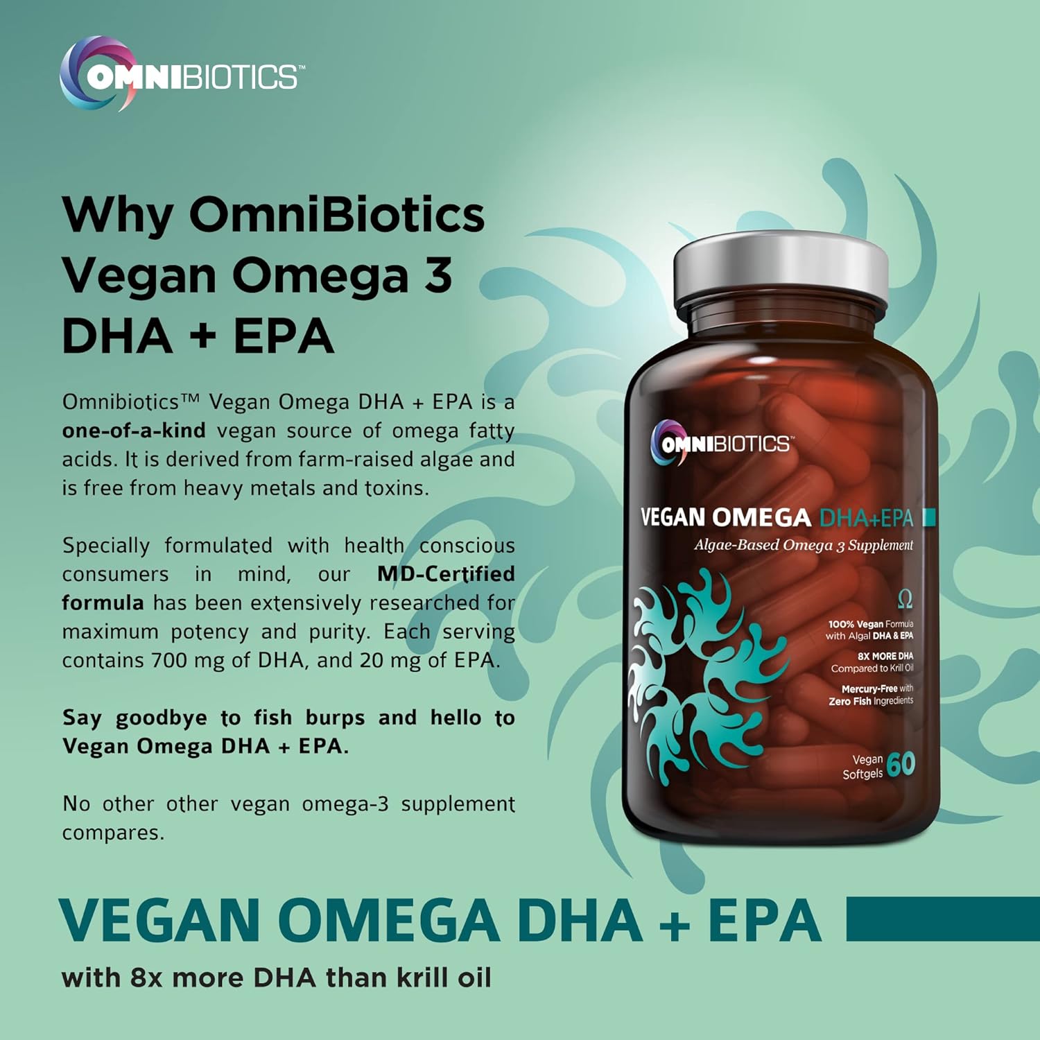 OmniBiotics Vegan Omega 3 DHA EPA Supplement – MD-Certified Prenatal Supplement with 8X More DHA Than Krill Oil, Fish-Free, Non-GMO – 60 Vegan Capsules - Image 4