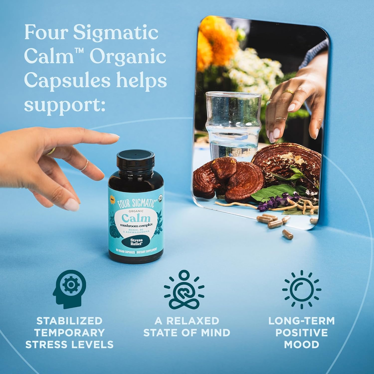 Four Sigmatic Calm Capsules | Vegan Stress Relief Supplement to Promote Positive Mood with Organic Ashwagandha Powder, Organic Reishi Mushroom, Tulsi (Holy Basil Extract), Vitamin B6 | 30 Servings - Image 6