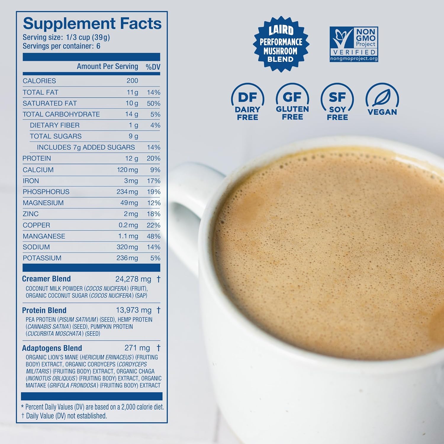 Laird Superfood Non-Dairy Protein Creamer, Sweet & Creamy + Adaptogens, Superfood Creamer with Functional Mushrooms, 12g Protein Per Serving, 8oz Bag - Image 3