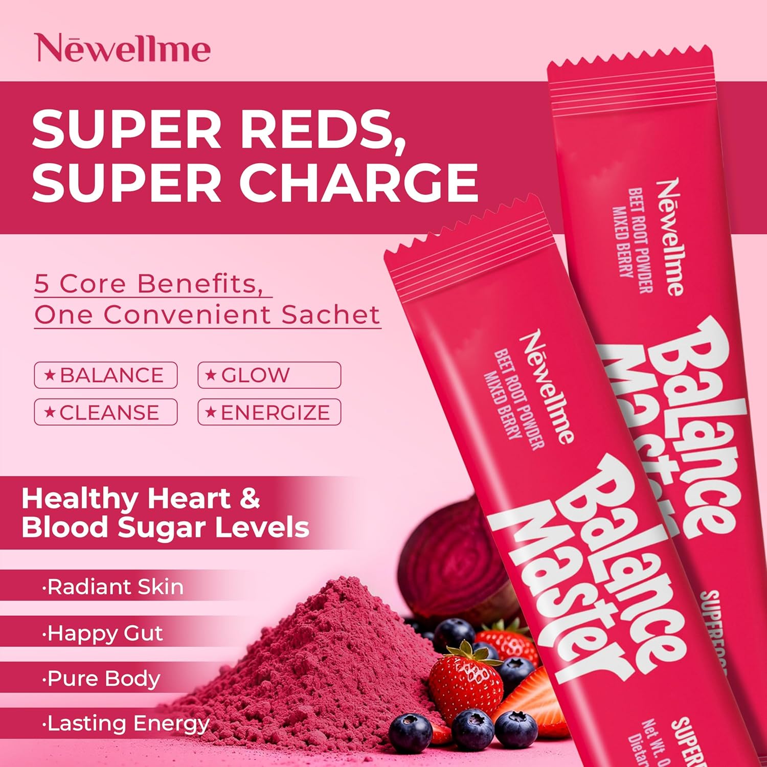 NEWELLME Balance Master Organic Raw Beet Root Powder - Super Reds Superfood for Heart & Energy, Smoothies, Baking & Juice, Natural Red Food Coloring, Mixed Berry, Sugar Free, Non-GMO, 14 Stick Packs - Image 2