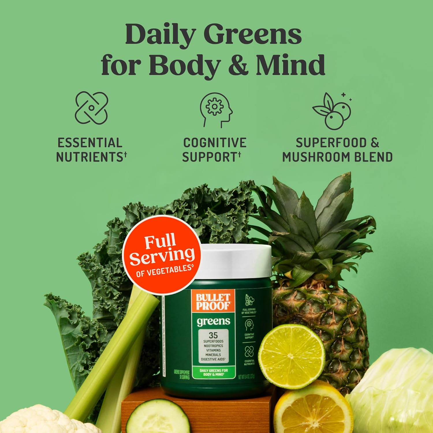 Bulletproof Greens, 8.4 Ounces, Daily Greens Powder with Superfoods and Nootropics, Full Serving of Vegetables, Essential Nutrients - Image 3
