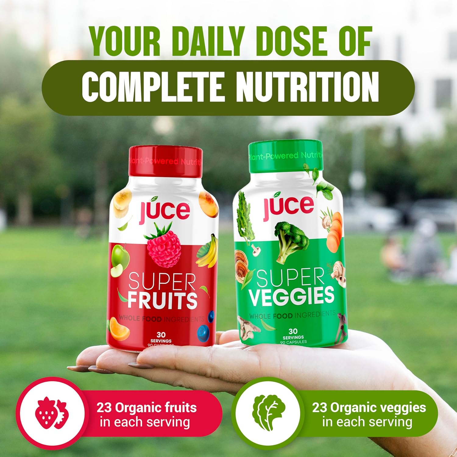 Juce Original Formula - Organic Super Fruit & Veggies Supplement - Gluten/Gelatin Free, Soy Free & Vegan- Reds & Greens Superfood Capsules- 23 Fruits & 23 Vegetables (180 Count)- By Terra Kai Organics - Image 4