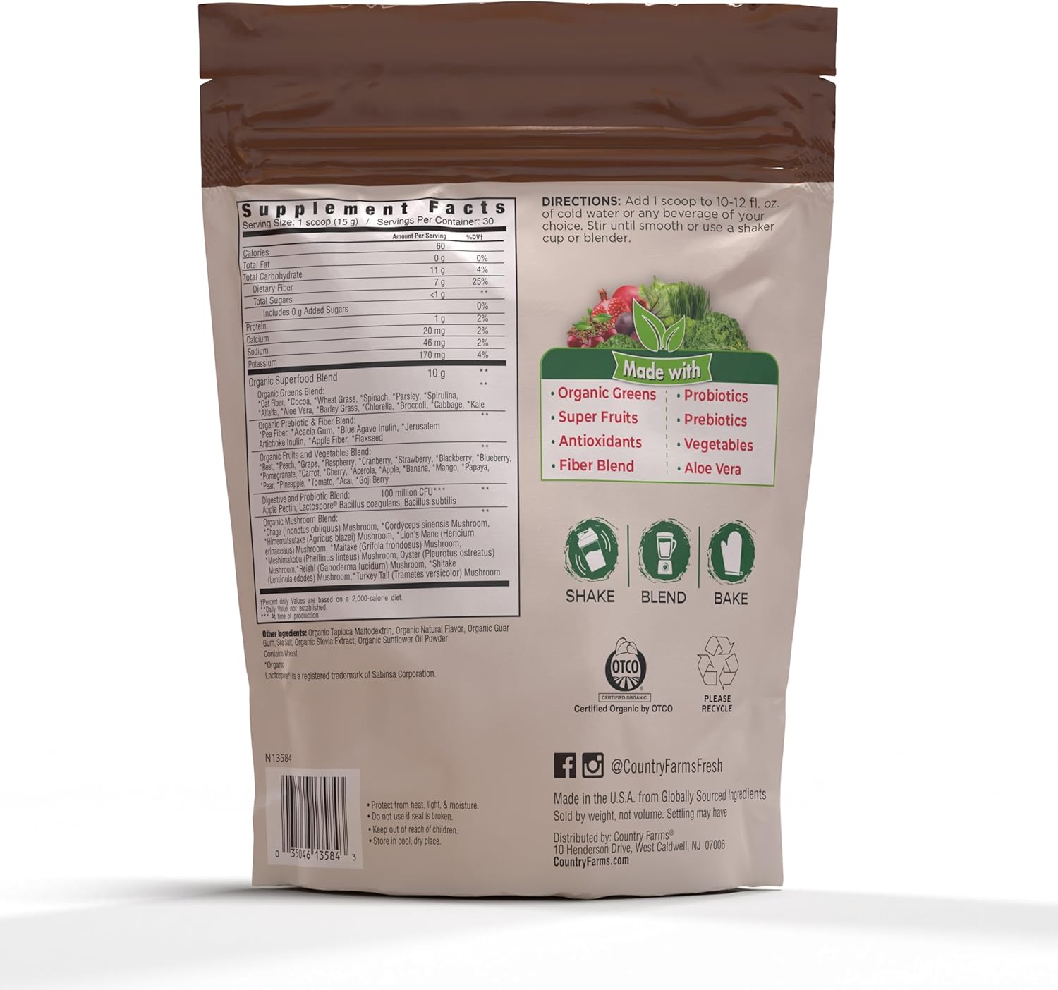 Country Farms Super Greens Chocolate Flavor, 50 Organic Super Foods, USDA Organic Drink Mix (Wheat Grass, Spirulina, Chlorella) Mushrooms & Probiotics, with Fiber, Natural Energy, 30 Servings - Image 2