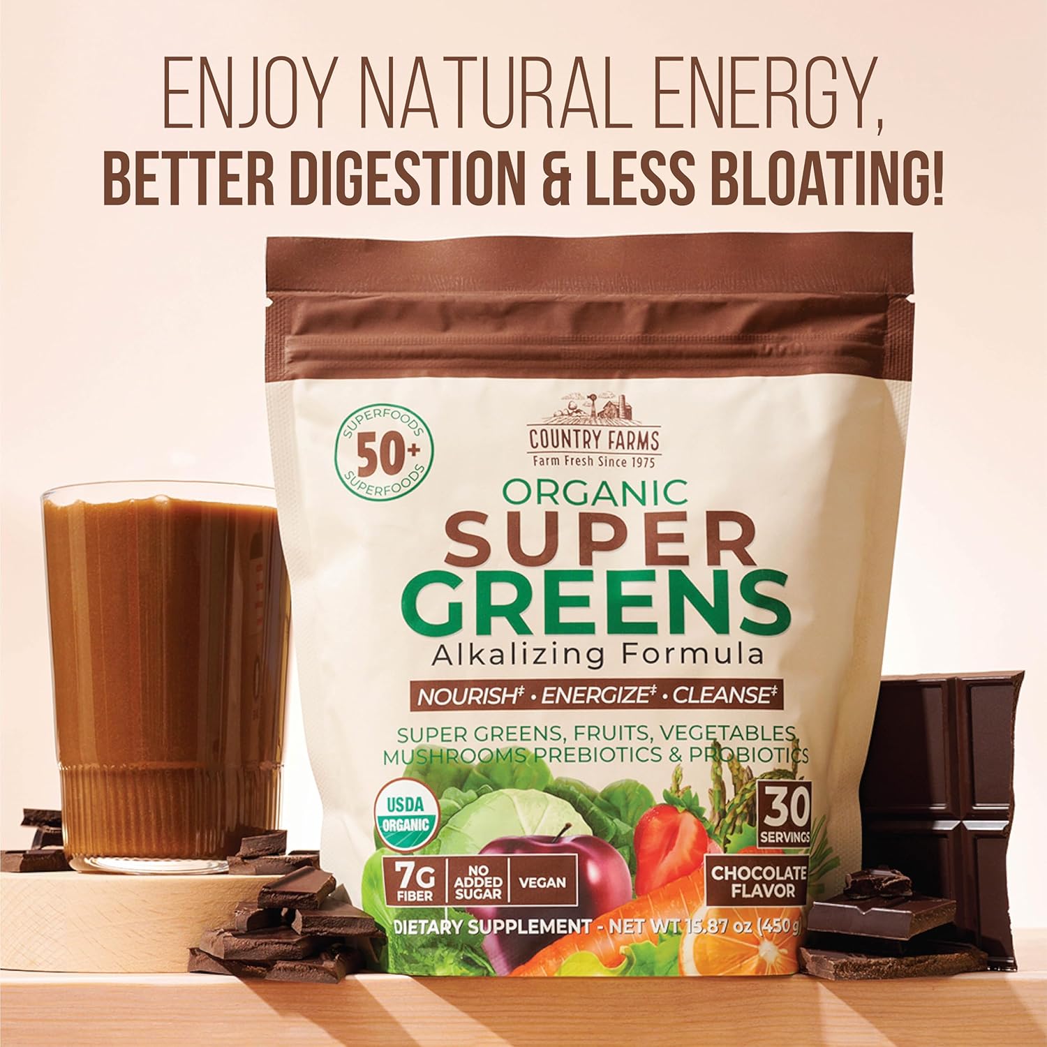 Country Farms Super Greens Chocolate Flavor, 50 Organic Super Foods, USDA Organic Drink Mix (Wheat Grass, Spirulina, Chlorella) Mushrooms & Probiotics, with Fiber, Natural Energy, 30 Servings - Image 3