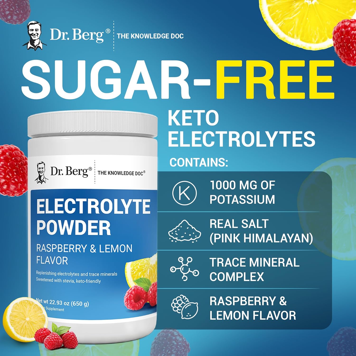 Dr. Berg Zero Sugar Hydration Keto Electrolyte Powder - Enhanced w/ 1000 mg of Potassium & Real Pink Himalayan Salt (NOT Table Salt) - Raspberry & Lemon Flavor Hydration Drink Supplement, 100 Servings - Image 7