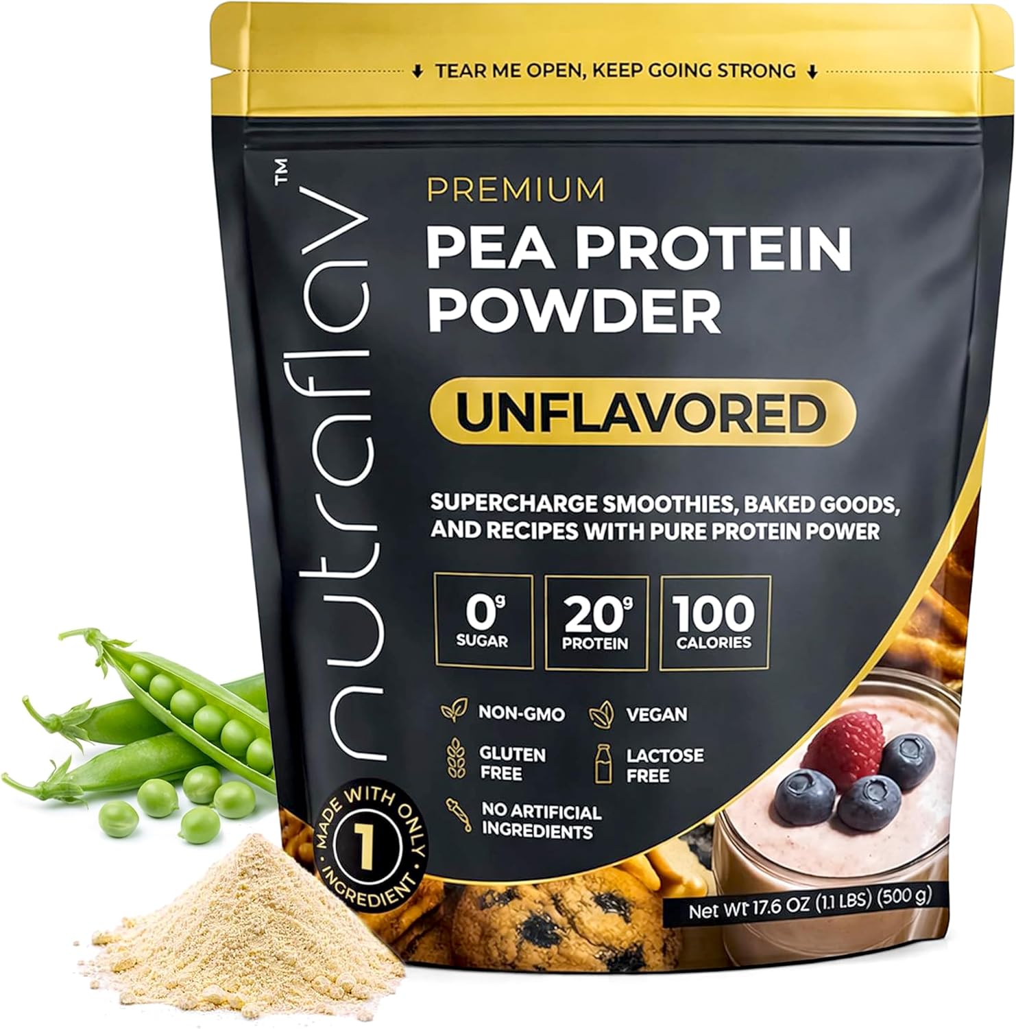 Unflavored Vegan Protein Powder - Plant Based Pea Protein Powder - 20g Protein Per Serving with 1 Ingredient - Iron-Rich, Easy to Digest - No Added Sugar - Great for Shakes & Smoothies - 20 Servings