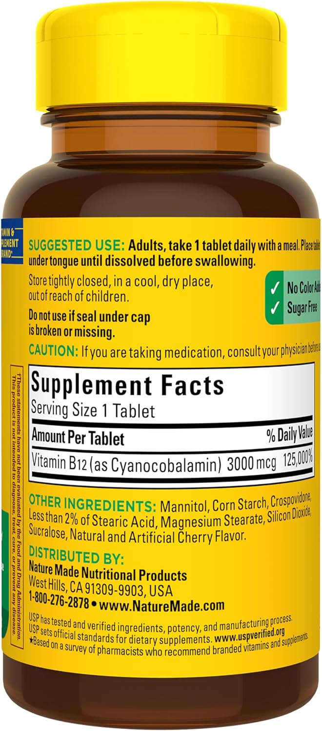 Nature Made Vitamin B12 3000 mcg, Easy to Take Sublingual B12 for Energy Metabolism Support, 40 Sugar Free Fast Dissolve Tablets, 40 Day Supply - Image 9