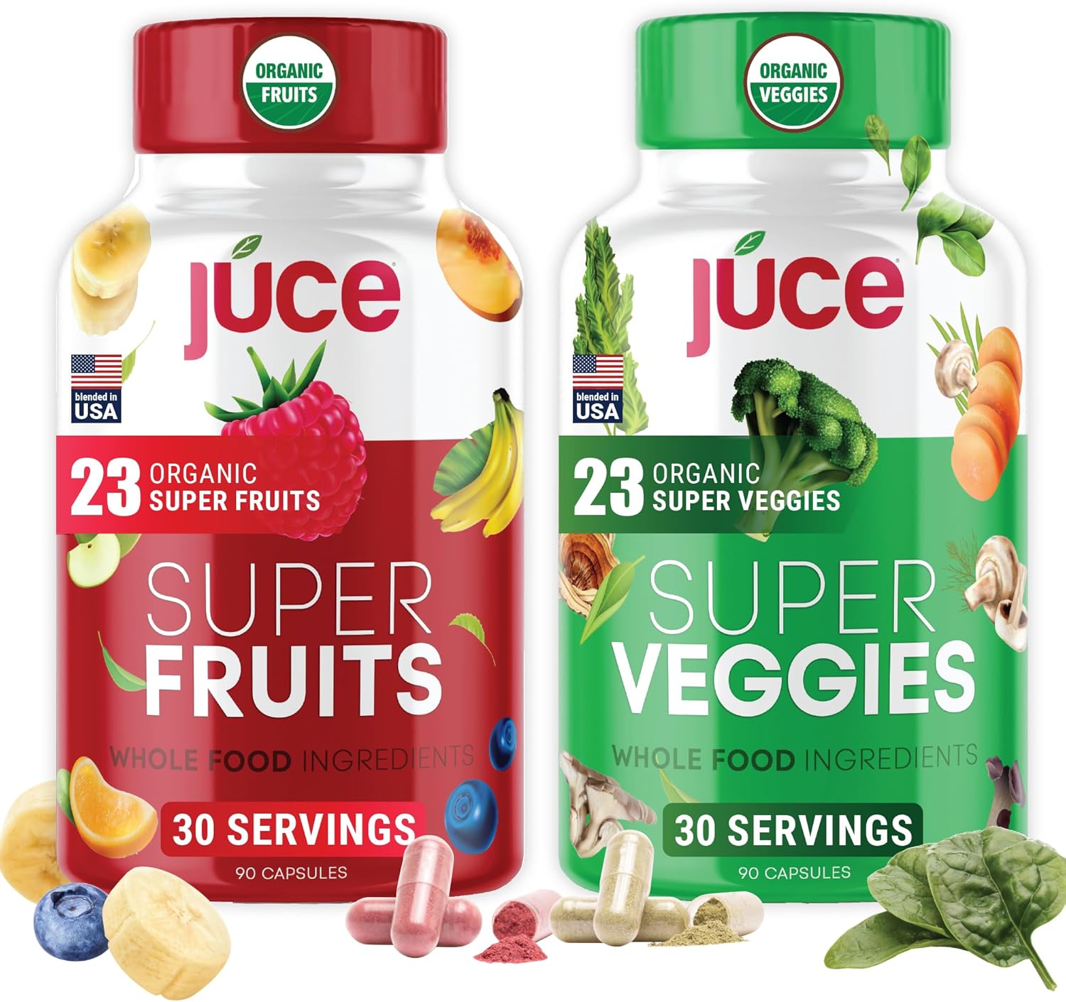 Juce Original Formula - Organic Super Fruit & Veggies Supplement - Gluten/Gelatin Free, Soy Free & Vegan- Reds & Greens Superfood Capsules- 23 Fruits & 23 Vegetables (180 Count)- By Terra Kai Organics