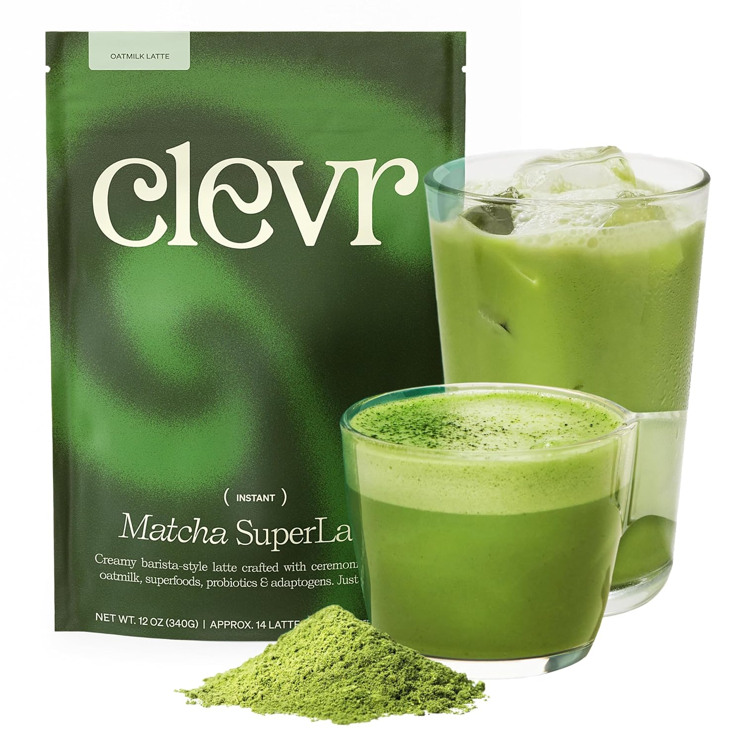 Clevr Matcha SuperLatte, Instant Ceremonial Grade, Superfood Powder Blend with Lions Mane, Reishi Mushroom, Coconut Cream, Ashwagandha, Serve Hot or Iced, (14 Lattes)