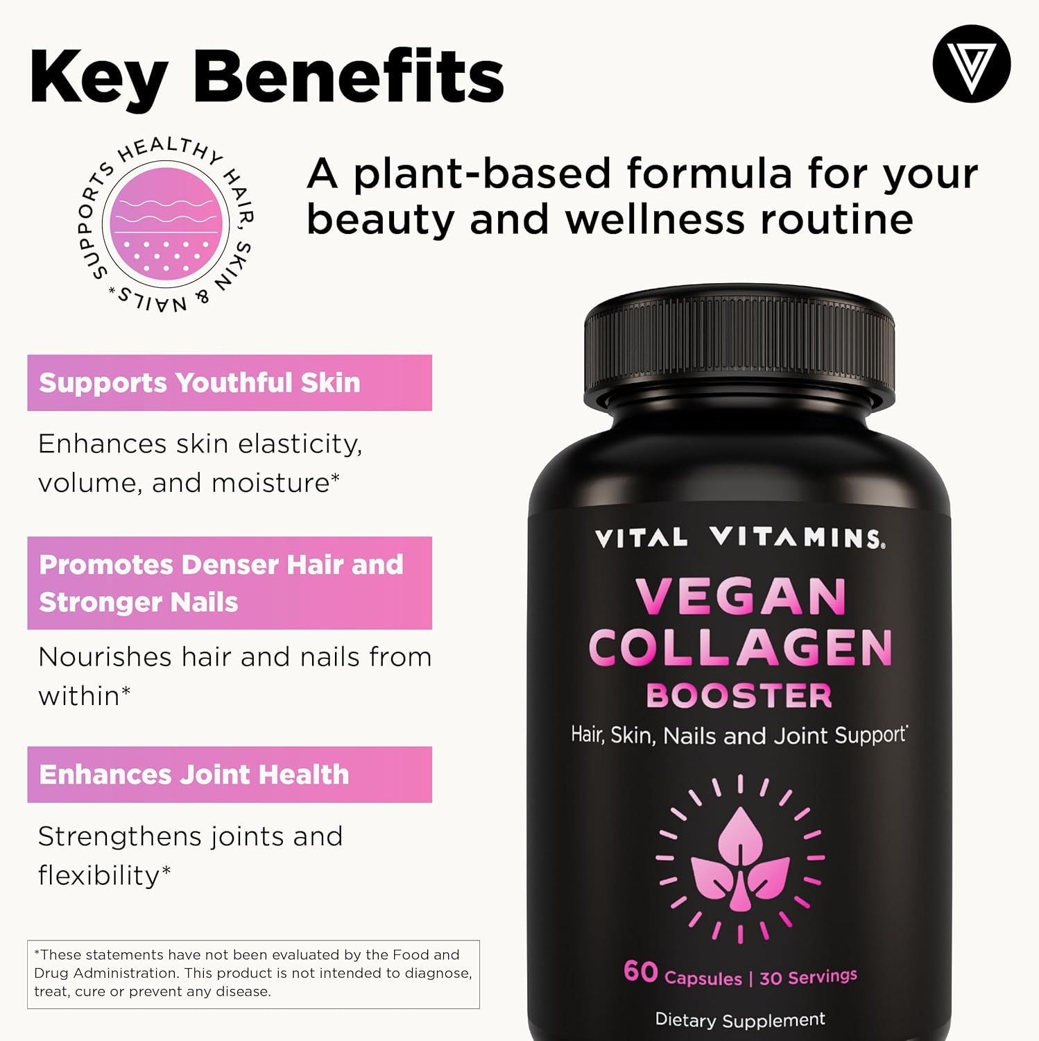 Vital Vitamins Vegan Collagen Booster - with Silica and Hyaluronic Acid - Plant-Based Collagen Supplements - Supports Hair, Skin, Nails & Joints - 60 Capsules - Image 3