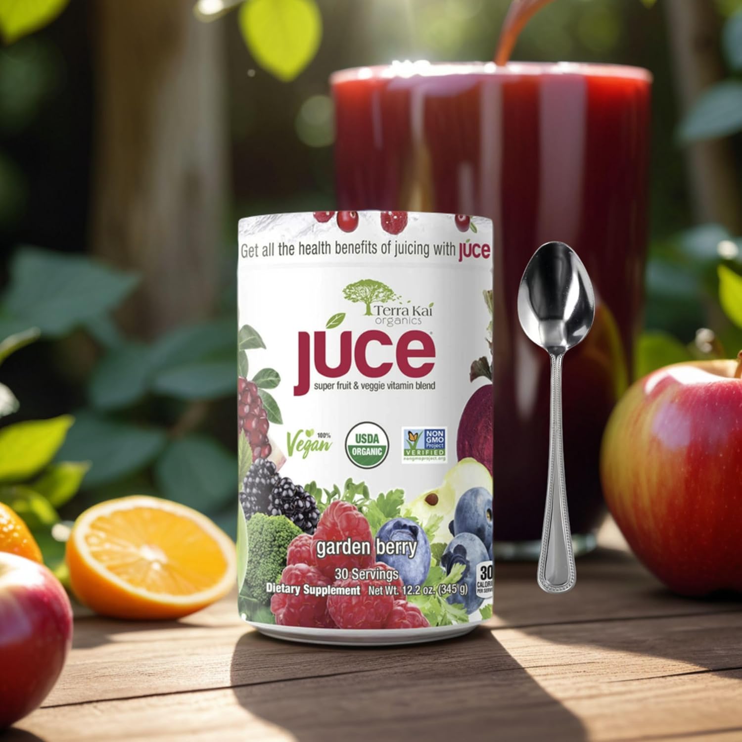 Terra-Kai Organics Juce Super Fruit and Veggie Blend Drink, 12.2-Ounce Garden Berry, 30 Servings, Greens Powder, Juce, Green Juice Powder, Super Food, Greens Drink, Juce Terra Kai (Pack 1) bundle with Vallary Spoon. - Image 2