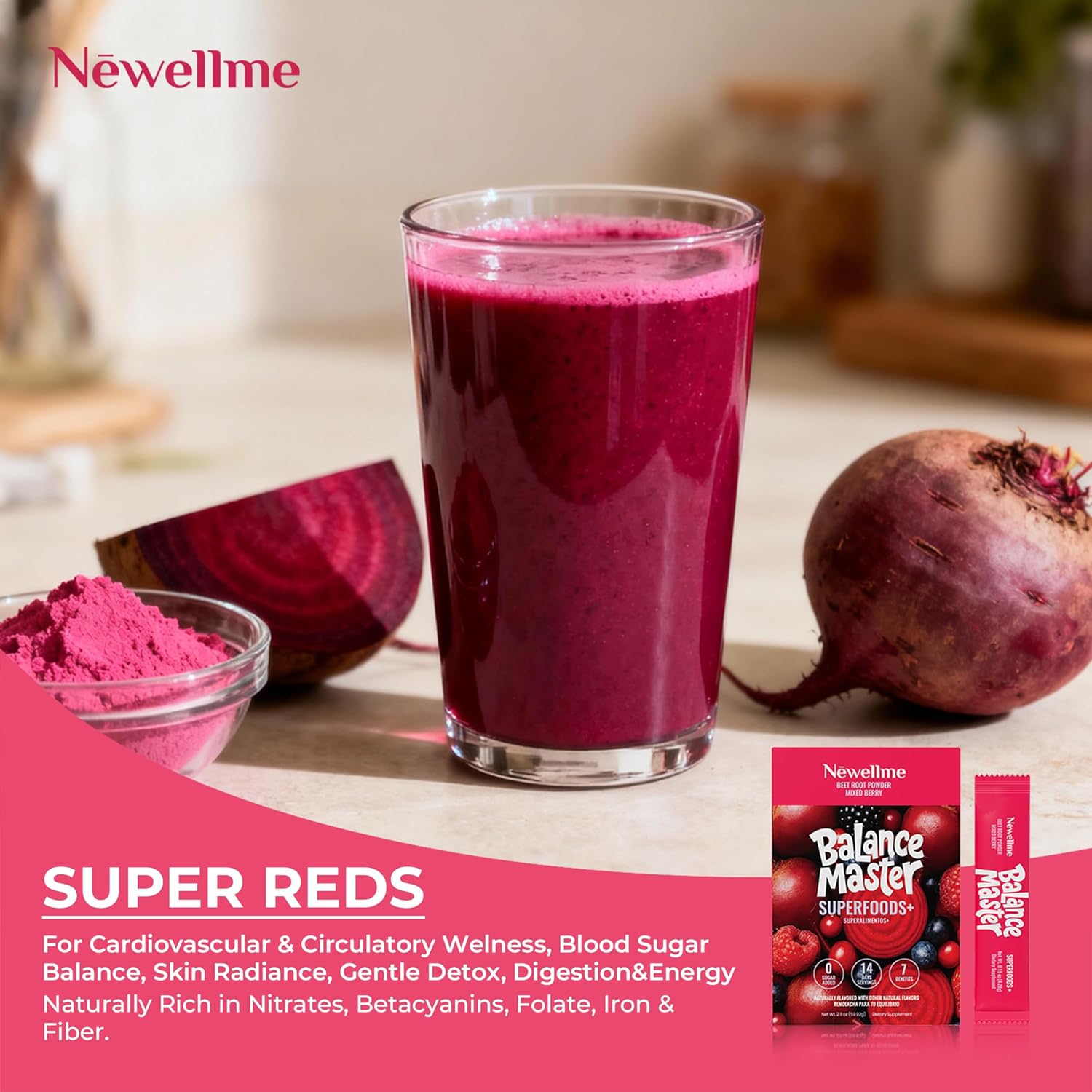 NEWELLME Balance Master Organic Raw Beet Root Powder - Super Reds Superfood for Heart & Energy, Smoothies, Baking & Juice, Natural Red Food Coloring, Mixed Berry, Sugar Free, Non-GMO, 14 Stick Packs - Image 9