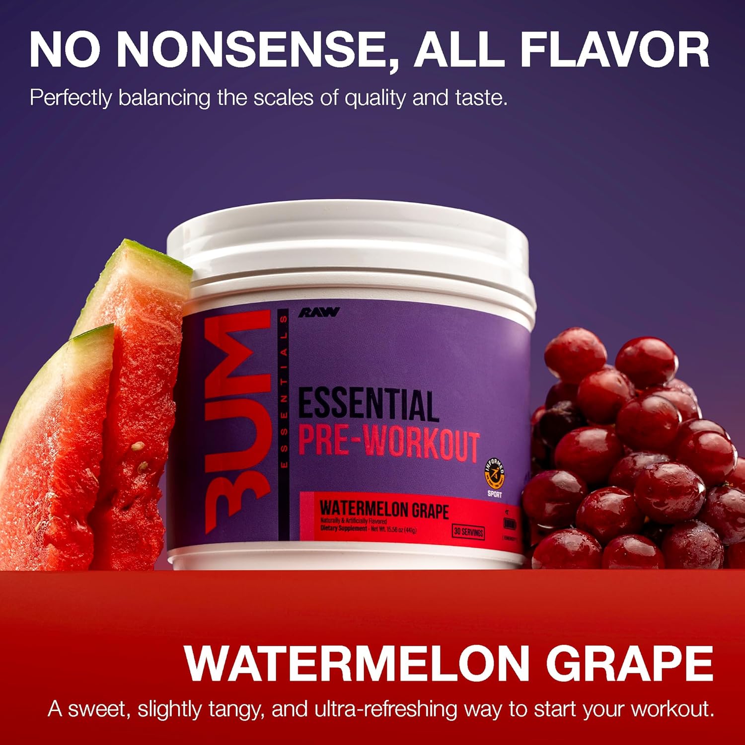 RAW Essential Pre-Workout Powder (Watermelon Grape) - Chris Bumstead Sports Nutrition Supplement for Men & Women - Preworkout Energy Powder with Caffeine, L-Citrulline, L-Tyrosine & Beta Alanine Blend - Image 3