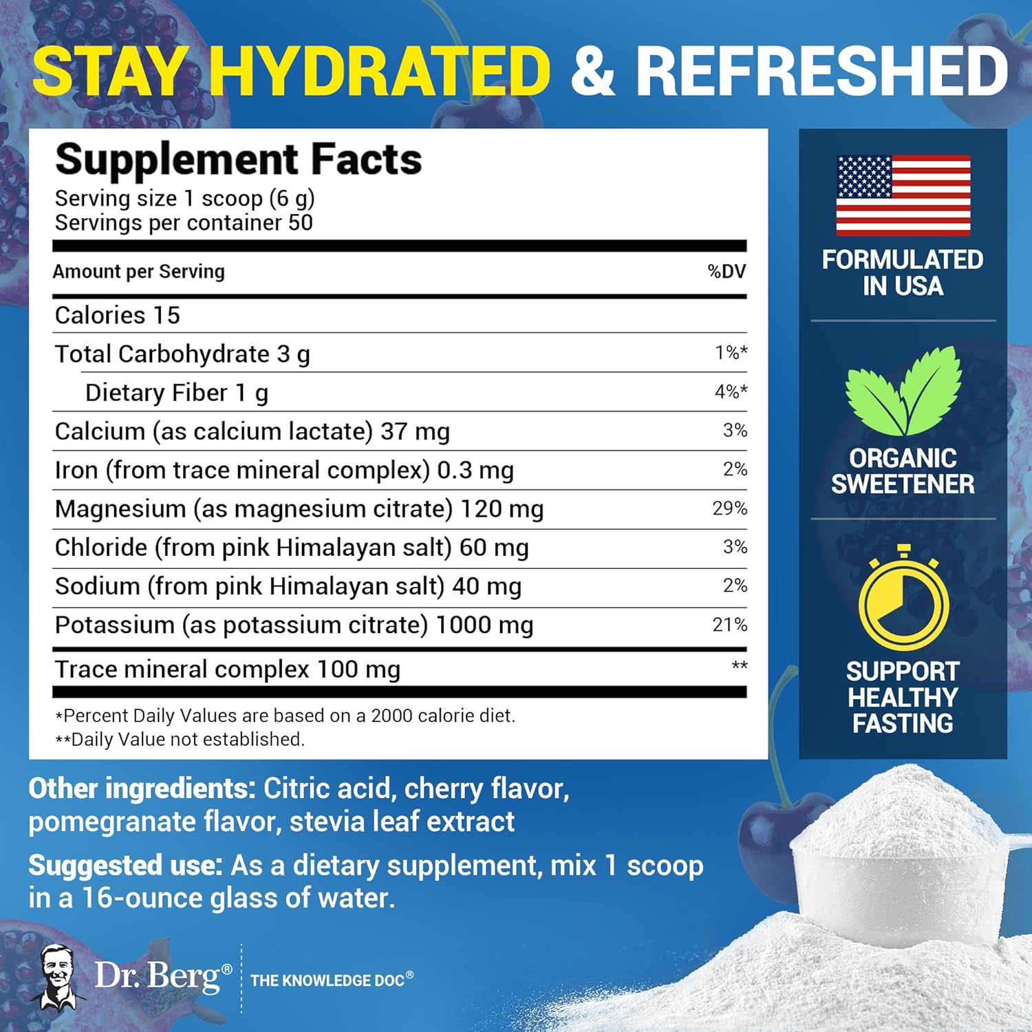 Dr. Berg Zero Sugar Hydration Keto Electrolyte Powder - Enhanced w/ 1000 mg of Potassium & Real Pink Himalayan Salt (NOT Table Salt) - Pomegranate and Cherry Hydration Drink Supplement - 50 Servings - Image 3