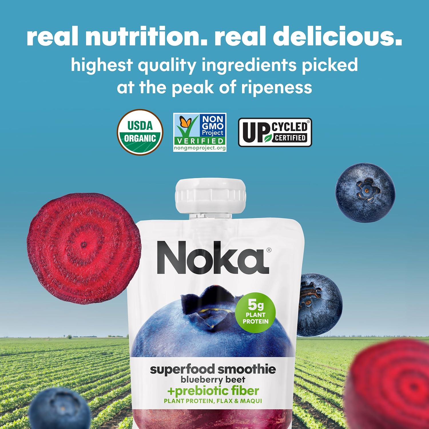 Noka Superfood Smoothie Pouches (Blueberry Beet) 4 Pack, with Plant Protein, Prebiotic Fiber & Flax Seed, Organic, Gluten Free, Vegan, Healthy Fruit Squeeze Snack Pack, 4.22oz Each - Image 7