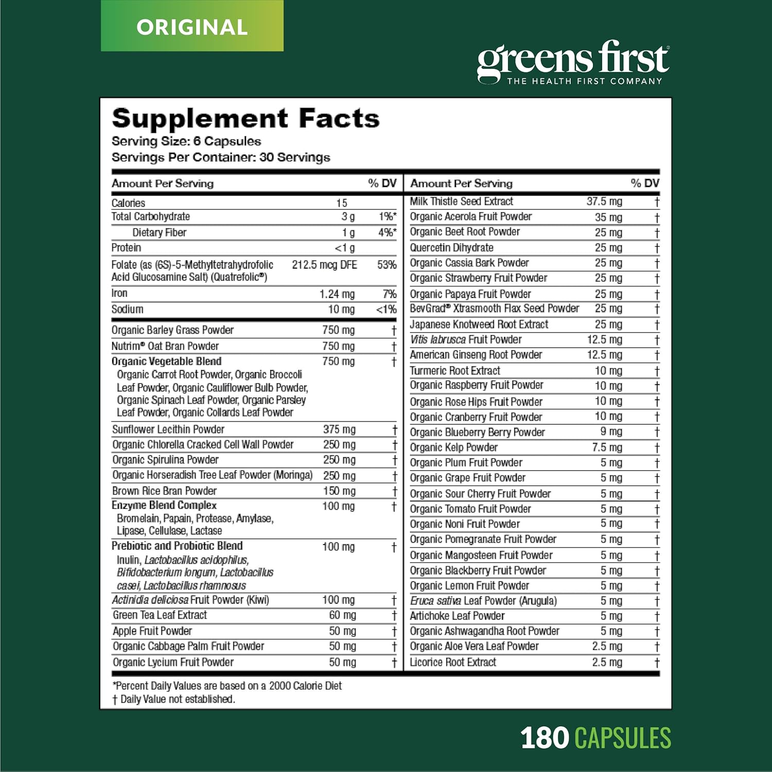 Greens First Phytonutrient Capsules - 49 Antioxidant-Rich Superfoods with Organic Fruits & Veggies, Prebiotics, Probiotics, and Digestive Enzymes - 180 Capsules - Image 4