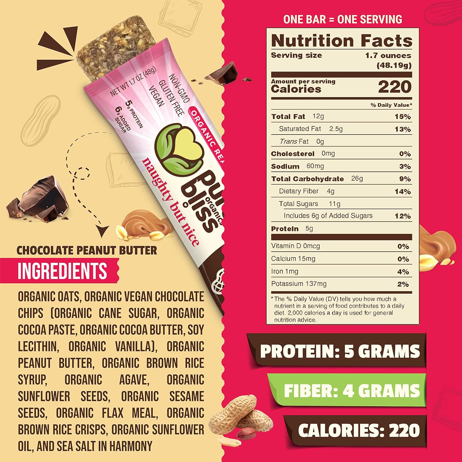 Organic Real Food Bar (Chocolate Peanut Butter) Non-GMO, Gluten Free, Vegan, Nutrition Bars, Energy Bars, Super Food Simple Ingredients, Best Tasting, Healthy Snack, Breakfast Bars, Dairy Free, Soy Free, Pure Bliss Organics (1.7 oz bar, 12-Pack Case) - Image 3
