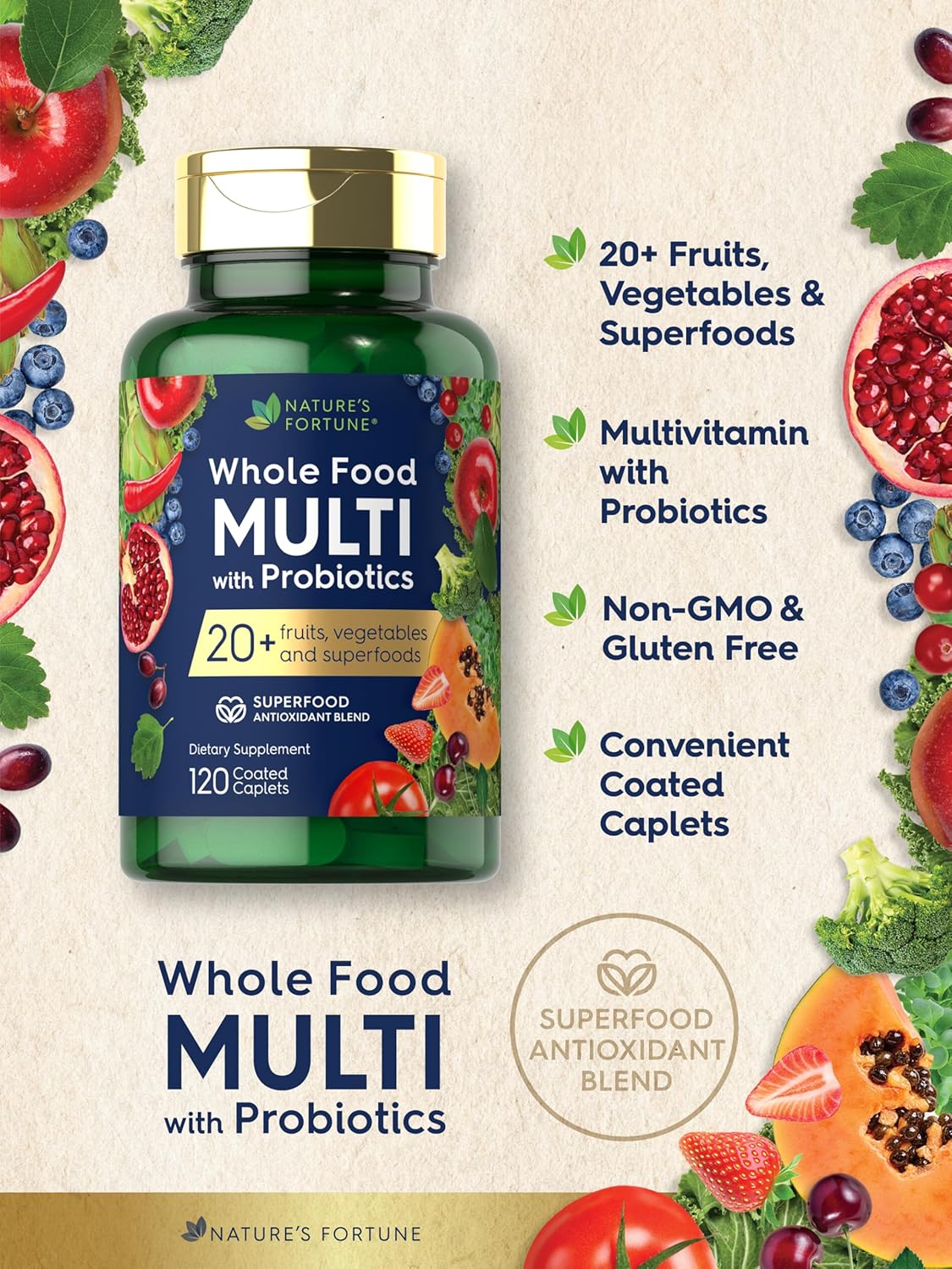 Nature's Fortune Whole Food Multivitamin with Probiotics | 120 Coated Caplets | Made with 20 Fruits and Vegetables | Non-GMO & Gluten Free Supplement - Image 4