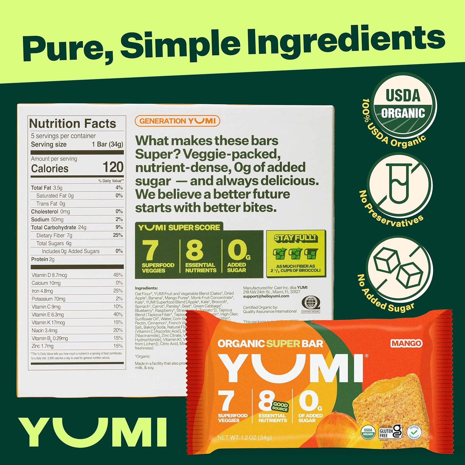 YUMI Organic Breakfast Superbar, Gluten-Free, No Added Sugar, 7+ Vegetables, Soft-Baked Crust, Healthy Snack Bars for Kids, School Safe, Healthy Alternative to Granola Bars or Cereal Bars, Mango (30ct) - Image 2